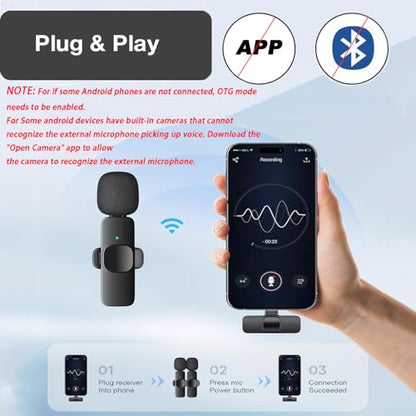 Wireless Lavalier Microphone for iPhone and USB C, 2 in 1 Mini Clip-on Wireless Lapel Mics Compatible with iPhone,iPad, Android for Video Recording,YouTube, Interview, TikTok, Vlog