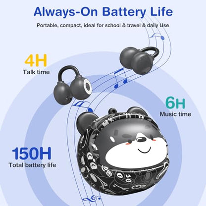 QearFun Kids Bear Ear Clip On Earbuds, Open Ear Earbuds with Rotatable Case - 85dB Safe Volume, 30H Playtime, Built-in Mic, Wireless Bluetooth Headphones for School Travel, Gift for Girls Boys - color: Black Earbuds