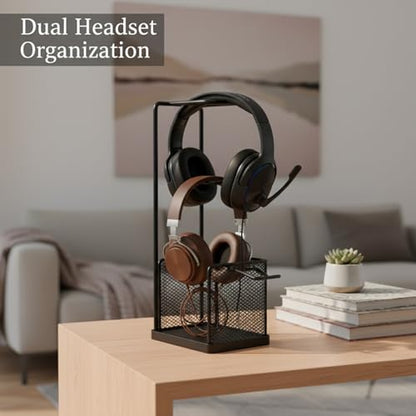 Dual Headphone Stand for Desk, Heavy Duty Iron Holder for 2 Headsets, Vertical Gaming & Office Organizer, Black Metal Rack (8.7 x 4.7 x 11 in)