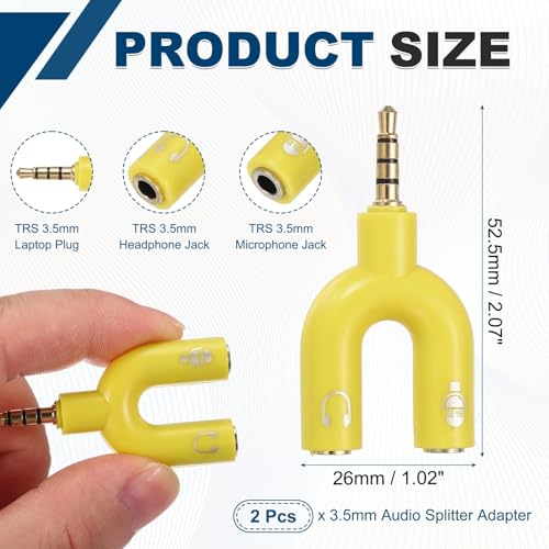 MECCANIXITY 2Pcs Headset Mic Splitter Adapter, 3.5mm Male to Dual Female Y Splitter Microphone and Audio Jack Adapter for PC Laptop Smartphone, Yellow - color: Yellow