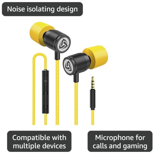 LUDOS Ultra Wired Earbuds in-Ear Headphones, 5 Years Warranty, Earphones with Microphone, Noise Isolating Ear Buds, Memory Foam for iPhone, Samsung, School Students, Kids, Women, Small Ears - Yellow - color: Yellow, style: 3.5 mm