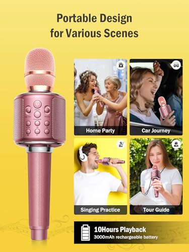 MetFut Wireless Bluetooth Karaoke Microphone, Built-in Loud Speaker for 10H Playback, Add Reverb/Duet Mode/Earbuds Monitoring, Portable Karaoke Machine for Entertainment & Singing Practice (Rose Gold)