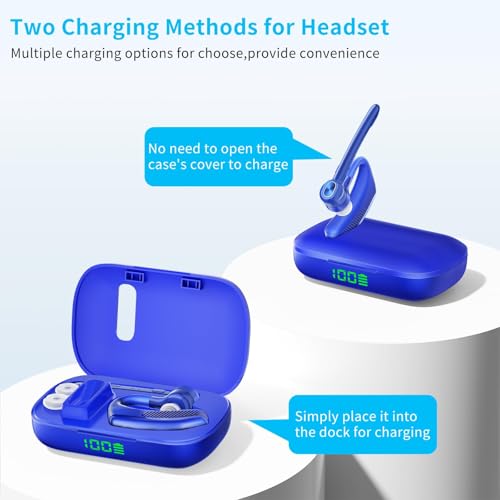 Bluetooth Headset Wireless Earpiece Single Ear Headset with Microphone | 180H Playtime 1000mAh Charging Case Wireless Charging LED Display Handsfree for iPhone Android PC Computer Trucker Drivers - color: Blue