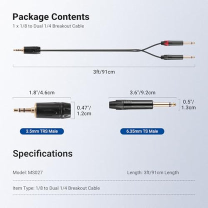 NEEWER 3.5mm 1/8 TRS to 1/4 Dual 6.35mm TS Breakout Cable, 3 ft Male to Male Stereo Audio Splitter Cord Adapter for Phone Tablet Laptop Computer Mixer Speaker Studio Monitor PA System, MS027 - size: 3.5mm（91cm）, style: Dual TS Male