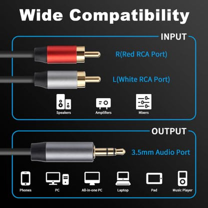 RCA to 3.5mm Cable 3ft, 2RCA Male to Aux Audio Adapter, 2-Pack | RCA to 1/8 Headphone Jack Hi-Fi Sound Auxiliary Y Splitter Cord for MP3, Speakers, Smartphone, Tablets, DVD Player