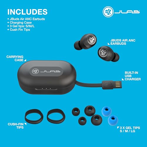 JLab, JBuds Air ANC, True Wireless Earbuds, Active Noise Cancelling Bluetooth Earbuds, Black