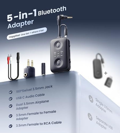 Bluetooth 5.4 Transmitter Receiver, Upgraded 180° Rotatable 3.5mm Aux/USB-C Adapter for Airplane, TV, PS5, Phone, Qualcomm aptX Adaptive Low Latency for Dual AirPods/Headphones - size: 5x1