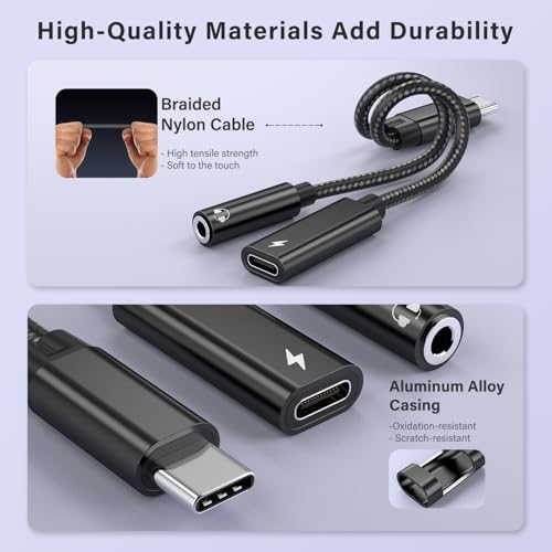 USB C to 3.5mm Headphone and Charger Adapter, 2 in 1 USB C to Aux Audio Adapter & 60W Fast Charging Dongle Compatible with iPhone 17Pro Max/16/15, Galaxy S25/S24/S23/S23FE, Pixel 9/8, iPad Pro - color: Black