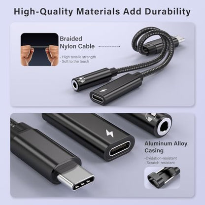 USB C to 3.5mm Headphone and Charger Adapter, 2 in 1 USB C to Aux Audio Adapter & 60W Fast Charging Dongle Compatible with iPhone 17Pro Max/16/15, Galaxy S25/S24/S23/S23FE, Pixel 9/8, iPad Pro - color: Black