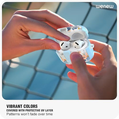 WENEW Case for AirPods 4th Case Cover Secure Lock Automatic Snap Switch Clip Cleaner Kit Lanyard Women Stylish Flower Armour Hard Shell Full Body Front LED Visible (Blue, AirPods 4) - color: Blue, size: AirPods 4