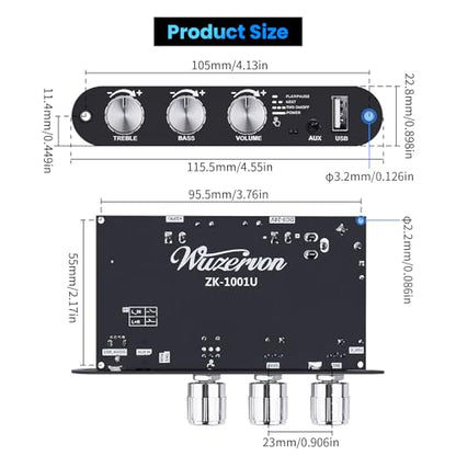ZK-1001U Amp Bluetooth 5.3 Mono Amplifier Board Mini Audio Amps with TWS | 100W Amp with Boost for Home Outdoor DIY Speakers with 100W Power Output, Treble & Bass,USB/AUX/BT Input, DC 9-24V - color: Black4 ZK-1001U