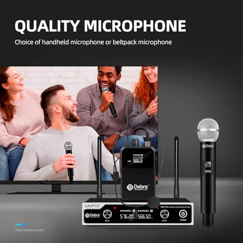 D Debra Wireless Microphone System UHF UBR-102 with Cordless Handheld Lavalier Headset Mics, 260ft Range, Suitable for Church, Lectures, Karaoke, Weddings, DJ, and Bars (1 Handheld & 1 Bodypack) - size: 1 Handheld & 1 Bodypack