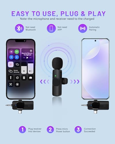 𝟮𝟬𝟮𝟰 3 in 1 Wireless Lavalier Microphones for iPhone, iPad, Android, Camera, 7-Hour Battery, Mini Microphone with Noise Reduction for Video Recording, Vlog, YouTube, TikTok