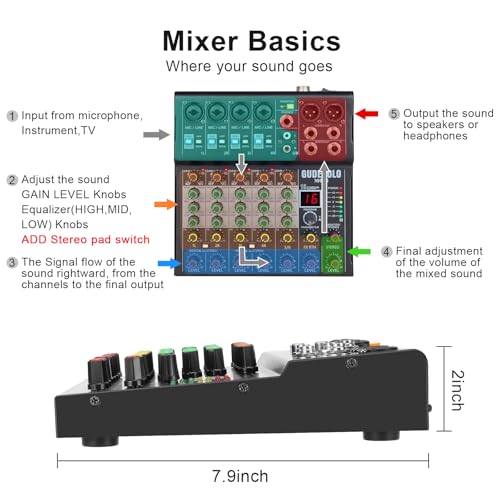 6-Channel Stereo Audio Mixer with Stepped Knobs, Mini Sound Board with 2 True Stereo Inputs, Mono/Stereo Switch, Precise Detented Pots, 16 DSP Effects, 48V Phantom for Keyboards, Studio