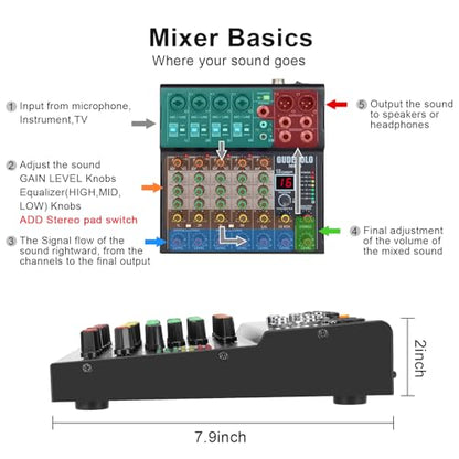 6-Channel Stereo Audio Mixer with Stepped Knobs, Mini Sound Board with 2 True Stereo Inputs, Mono/Stereo Switch, Precise Detented Pots, 16 DSP Effects, 48V Phantom for Keyboards, Studio