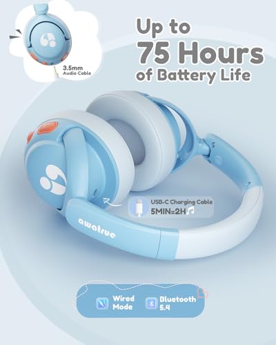 awatrue Kids Bluetooth Headphones, 85dB Volume Limiter, Blue HK02 | Foldable Wireless, Bluetooth 5.4, 75H Playtime, Built-in Mic, for iPad & Travel - color: Blue