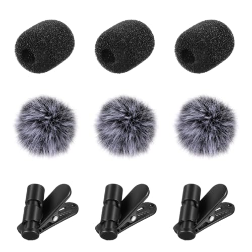 SHENLIU 9 Pcs Lavalier Microphone Windscreen Kit, 6 Pack Furry and Foam Mic Covers with 3 Pack 360° Rotatable Cable Clips, Universal Lapel Mic Accessories(for 2-4mm Round Wires)