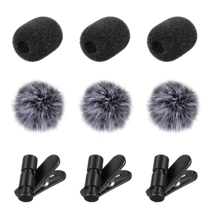 SHENLIU 9 Pcs Lavalier Microphone Windscreen Kit, 6 Pack Furry and Foam Mic Covers with 3 Pack 360° Rotatable Cable Clips, Universal Lapel Mic Accessories(for 2-4mm Round Wires)