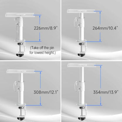 suptek Clamp-on Speaker Stand Desk Mount Set, Height Adjustment, Tilt, Swivel, 9.6 x 8.8 inch Trays, Universal Audio Holders for Computer and Bookshelf Speakers, Elevated Sound, 2 Pack, White, SDM001W - color: White, size: 9.6 x 8.8x 13.9"(h)