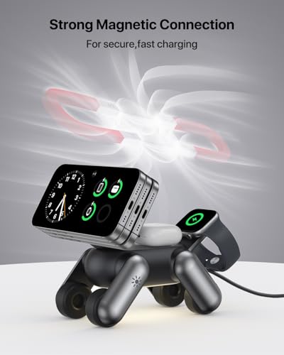UEQ 3 in 1 Wireless Charging Station for Apple Devices,Foldable Cute Magnetic Mag-Safe Wireless Charger Stand with Night Light for iPhone 17 Air 16 15 14 13 12 Series,AirPods 4 3 2 Pro,Apple Watch - color: Black