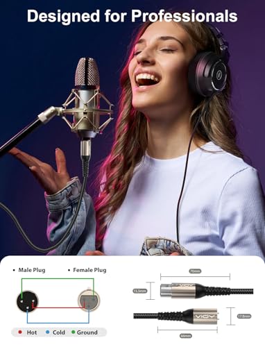 VIOY XLR Microphone Cable 2 Pack 15 FT, Male to Female Balanced Mic Cord | Self-locking XLR plug, aluminum shell,3-pin Braided microphone extension cord for studio recording, mixer and podcast use - size: 15FT-2Pack
