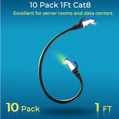 Rapink Patch Cables Cat8 1ft 10 Pack Slim, Cat8 Ethernet Patch Cable 40G Support, Snagless Cat 8 Patch Cable for Patch Panel to Switch, Flexiable Cat 8 Ethernet Cable Datacenter with Gold Plated - size: 1ft, style: 10 Pack
