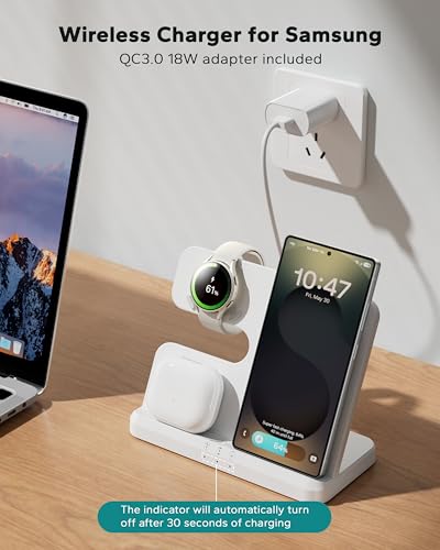 Wireless Charging Station for Samsung, 3 in 1 Charger Stand for Galaxy S25 Ultra/S24/S23/Z Fold, Phone and Watch Charging Dock for Samsung Watch Galaxy 8/7/6/5, Galaxy Buds 3/2/Pro - color: White