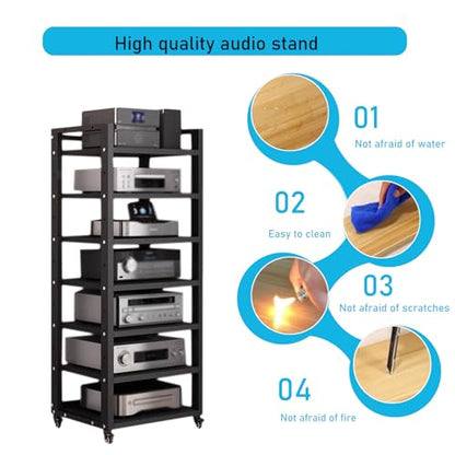 7 Tier Audio Rack Tower, CD Record Player Stereo Receiver AV Equipment Cabinet Display Rack, Weight Capacity 661 lbs, with Adjustable Wooden Shelves for Home (7 Tier Black) - size: 7 Tier Black