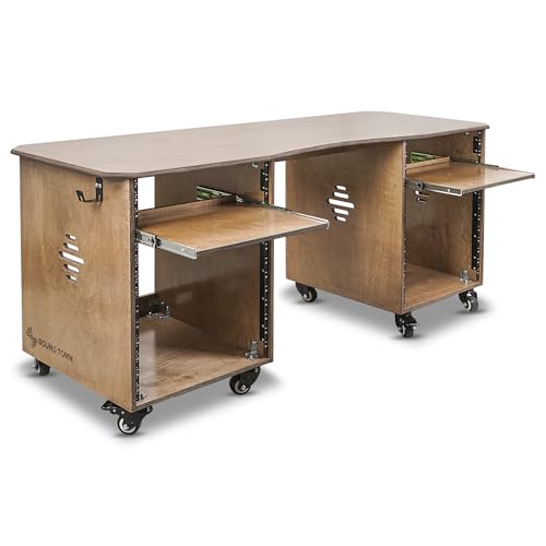 Sound Town DIY Music Studio Rack Desk Workstation with 2 X 13U Side Cabinets, Two Slide-Out Trays, Casters, Plywood, Weathered Brown for Recording Room, Home Studio (SDRK-WS69) - size: 2X13U(3U Top+10U Lower),Weathered Brown