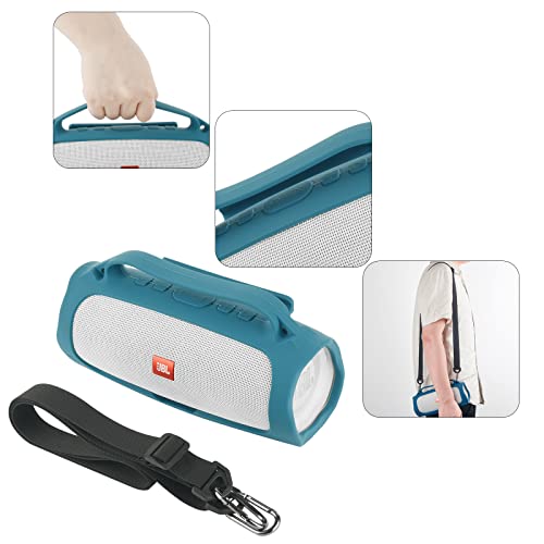 Silicone Case for JBL Charge 4 Portable Waterproof Speaker, Travel Carrying Case Protective Pouch Cover with Handle Adjustable Shoulder Strap and Phone Holder Stand (Blue) - color: Blue