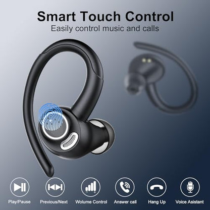 Wireless Earbuds Bluetooth 5.3 Headphones Sports, 48H Over Ear Bud with ENC Mic, Stereo Deep Bass Bluetooth Earbuds with Secure Earhooks, LED Display, IPX7 Waterproof Earphone for Running Ivory Black