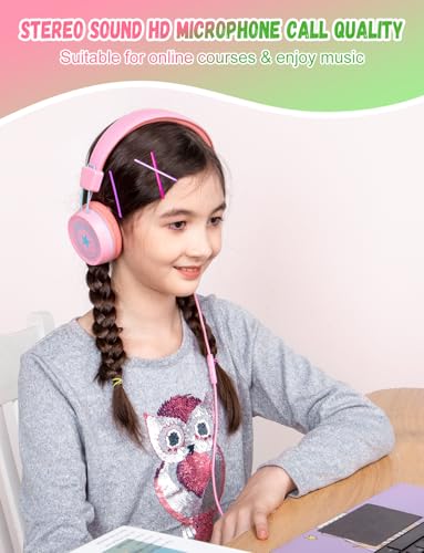 New Bee 2 Pack Kids Headphones with Microphone, 85dB/94dB Safe Volume Limited Childrens Headset, Foldable Wired Toddler Headphones Over Ear for School Travel Mac/Android/Kindle/Tablet/Pad- Green Pink - color: Green Pink-2 Pack, size: wired