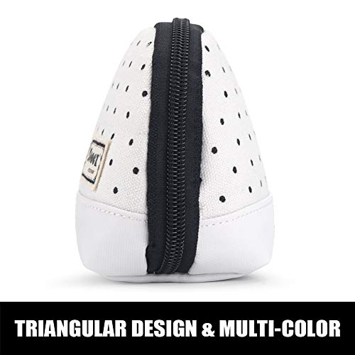 Sooez Wide-Opening Pencil Pen Case, Lightweight & Spacious Pencil Pouch Zipper Stationery Bag, Aesthetic Supply with Triangular Design for Adults, Black Dots - color: White