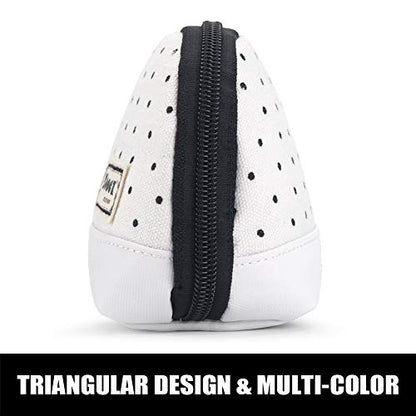 Sooez Wide-Opening Pencil Pen Case, Lightweight & Spacious Pencil Pouch Zipper Stationery Bag, Aesthetic Supply with Triangular Design for Adults, Black Dots - color: White