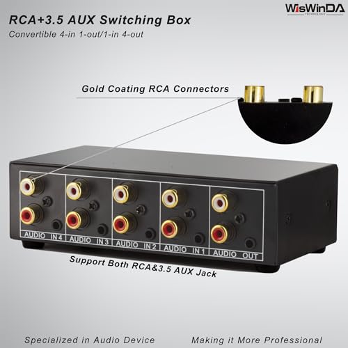 4-in 1-Out RCA 3.5mm AuxAudio Switch Box Audio Converter 4 Channels 1-in 4-Out Passive Audio Selector Switcher Box Connectors (RCA+AUX 4IN-1OUT/1IN-4OUT) - size: RCA+AUX 4-In-1-Out/1-In-4-Out