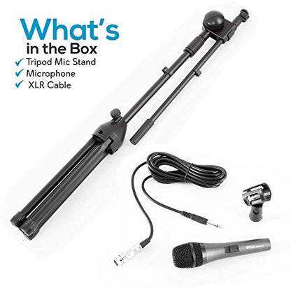 Pyle Dynamic Microphone and Tripod Stand-Height Adjustable from 2.6' to 5.1 Telescoping Boom Arm Mic Length 7.48'' Inch w/Acoustic Pop Filter-Includes 15' ft XLR Cable PMKSM20, Black