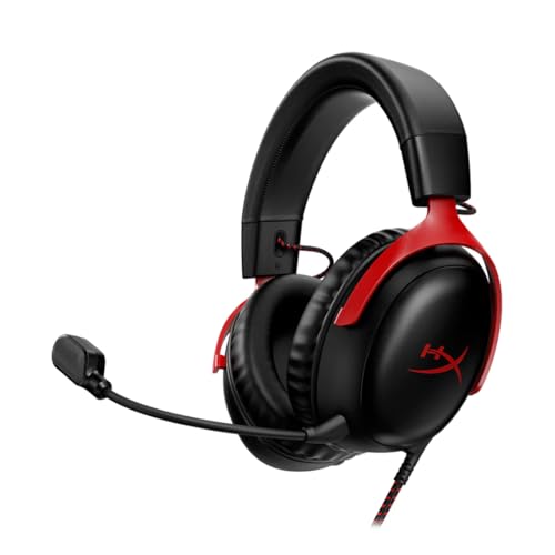 HyperX Cloud III – Wired Gaming Headset,PC,PS5,Xbox Series X|S,Angled 53mm Drivers,DTS Spatial Audio,Memory Foam,Durable Frame,Ultra-Clear 10mm Mic,USB-C,USB-A,3.5mm – Black/Red,(Pack of 10) - color: Black/Red, size: Regular (Pack of 10), style: Wired