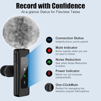 Wireless Mini Microphone for iPhone, Android - 2 Pack Lavalier Microphone for Video Recording,Clip-on Mics Content Creator Microphones for YouTube Tiktok Podcast Vlogging