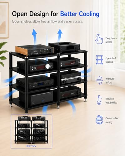 4 Tier Heavy Duty AV Media Stand, Stereo Stands and Racks, Black | Audio Tower HIFI Rack Stereo Shelf 352 lb Load Capacity, vibration-dampening feet, open ventilation, Built for Hi-Fi systems - color: Black, size: 4 tier