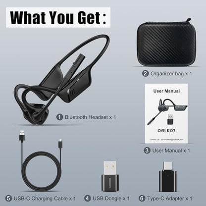 Open Ear Headphones with Mic, Bluetooth 5.1 Headset, aptX Low Latency | Air Conduction Headphone with Mute Button, Lightweight, USB A&C Dongle, Wireless Headset for Online Meeting/Call Center