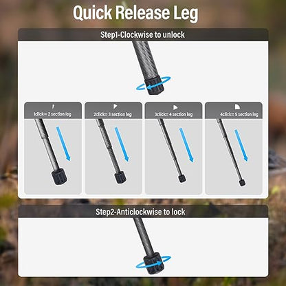SIRUI Carbon Fiber Tripod Lightweight 2lbs with Panoramic Fluid Head, 59.8” Compact Camera Tripod Quick Release Leg Setup, Reversible Center Column, Reverse Folding Legs, Max Load 11lbs - Traveler X - size: Fluid Head/AT-10