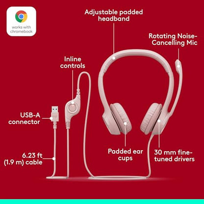 Logitech H390 Wired Headset PC/Laptop Stereo Headphones, USB-A, Rose | For PC/Laptop, Stereo, USB-A, In-Line Controls, Works with Chromebook - color: Rose, style: USB-A