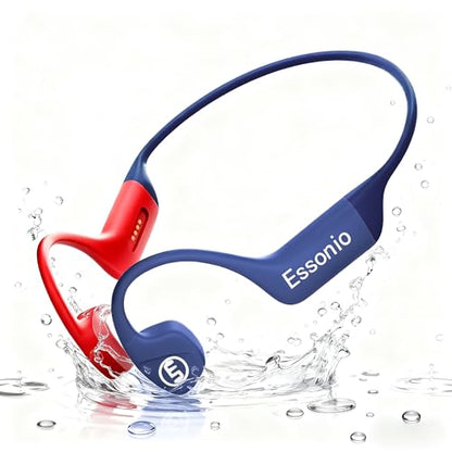 Bone Conduction Headphones IP68 Waterproof Swimming Headphones with Mic Bluetooth Open Ear Earbuds with MP3 Mode 32GB Memory Deep Bass Secure Fit Hearing, Blue - color: Blue&Red