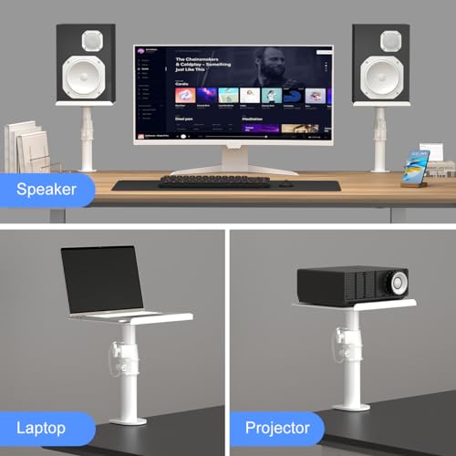 suptek Clamp-on Speaker Stand Desk Mount Set, Height Adjustment, Tilt, Swivel, 9.6 x 8.8 inch Trays, Universal Audio Holders for Computer and Bookshelf Speakers, Elevated Sound, 2 Pack, White, SDM001W - color: White, size: 9.6 x 8.8x 13.9"(h)