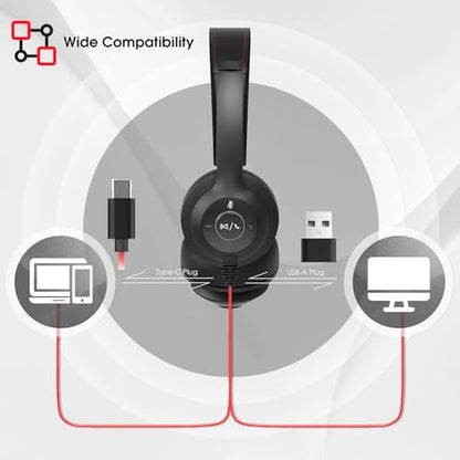 USB Headset with Microphone for PC/Laptop, Wired Headphones with Noise Cancelling Mic, USB C & USB A, All-day Comfort, Lightweight Computer Headset for Home Office, Call Center, School, Remote Work