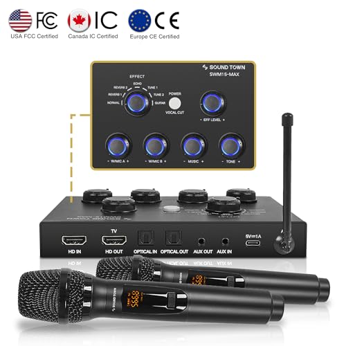 Sound Town 16 Channels Wireless Microphone Karaoke Mixer System w/ 2 Wireless Mics, HD ARC, Optical (Toslink), AUX, Supports Smart TV, Media Box, PC, Bluetooth, Soundbar, Receiver (SWM15-MAX) - color: Black