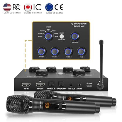 Sound Town 16 Channels Wireless Microphone Karaoke Mixer System w/ 2 Wireless Mics, HD ARC, Optical (Toslink), AUX, Supports Smart TV, Media Box, PC, Bluetooth, Soundbar, Receiver (SWM15-MAX) - color: Black