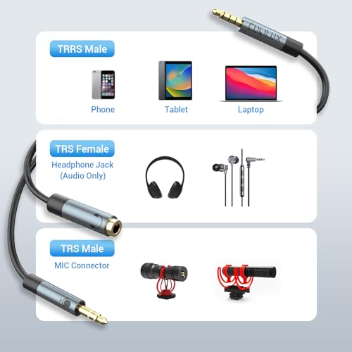 3.5mm TRS to TRRS Microphone Cable, Connect 3-Pole MIC to 4-Pole Combo Jack for Phone, Tablet, Laptop Computer, Not for Camera, 10 Feet