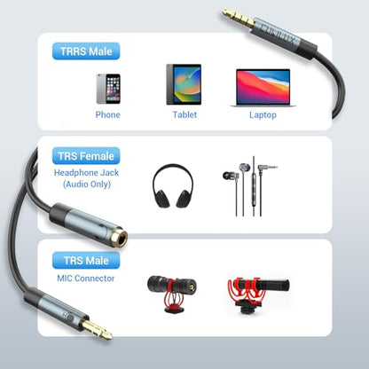 3.5mm TRS to TRRS Microphone Cable, Connect 3-Pole MIC to 4-Pole Combo Jack for Phone, Tablet, Laptop Computer, Not for Camera, 10 Feet