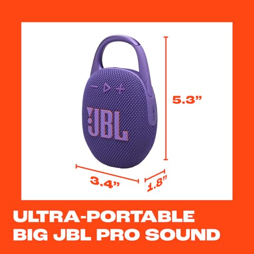 JBL Clip 5 - Ultra-Portable Waterproof Speaker - Purple | Ultra-portable JBL Pro Sound, Redesigned carabiner, Up to 12 hours of playtime plus 3 hours with Playtime Boost - color: Purple
